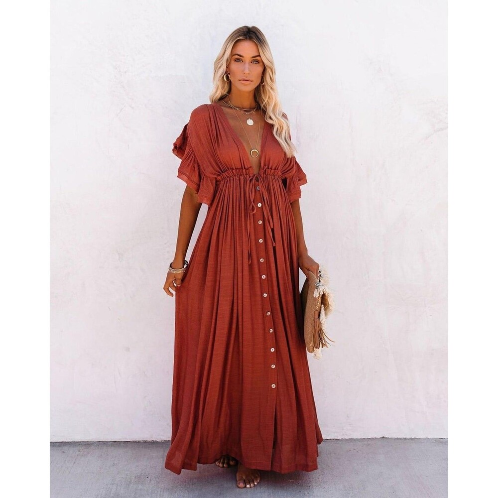 Flawless Size Medium Maria Button Front Boho Flowy Gauzy Maxi Dress